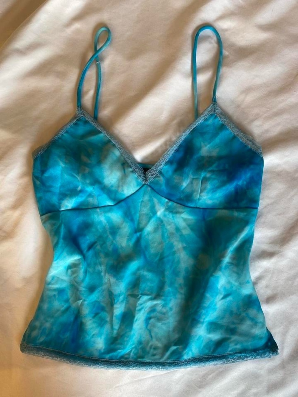 Arden B Vintage Blue Tie-Dye Satin Camisole Top with Lace Trim